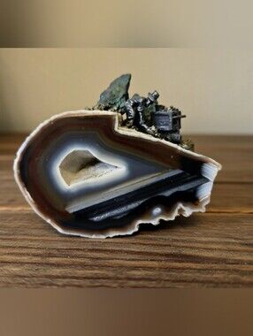 Banded Agate Sliced Stone Handmade Mining Scene, Collectible Sculpture Miner